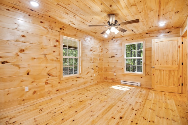 empty room with wooden ceiling, hardwood / wood-style flooring, a baseboard heating unit, ceiling fan, and wooden walls