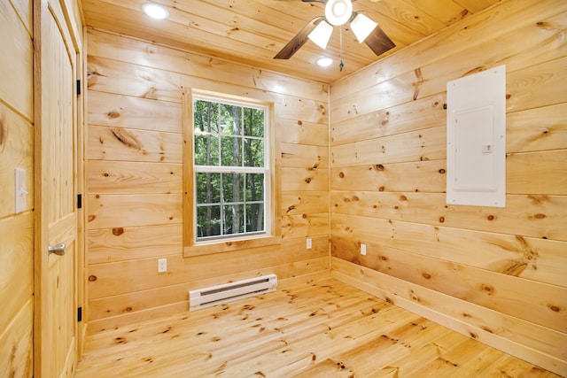 unfurnished room with wood ceiling, wood-type flooring, ceiling fan, and wooden walls