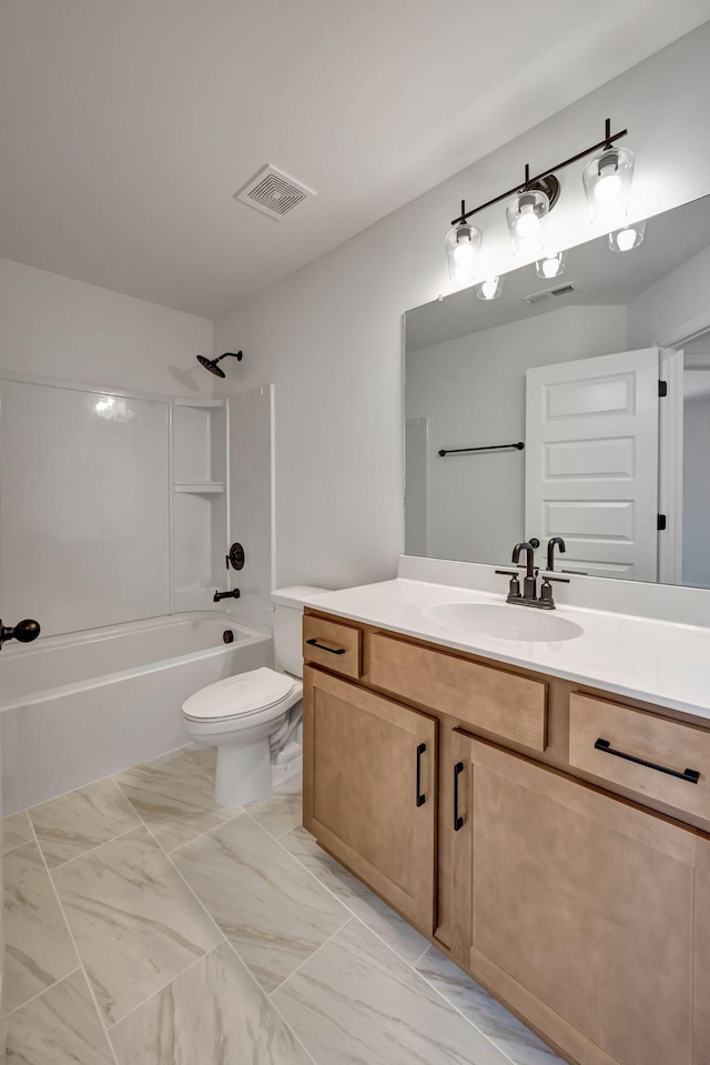 full bathroom with vanity, shower / bathtub combination, and toilet