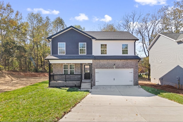 view of front facade with a garage, a front lawn, and a porch