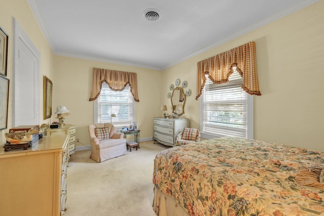 carpeted bedroom with crown molding