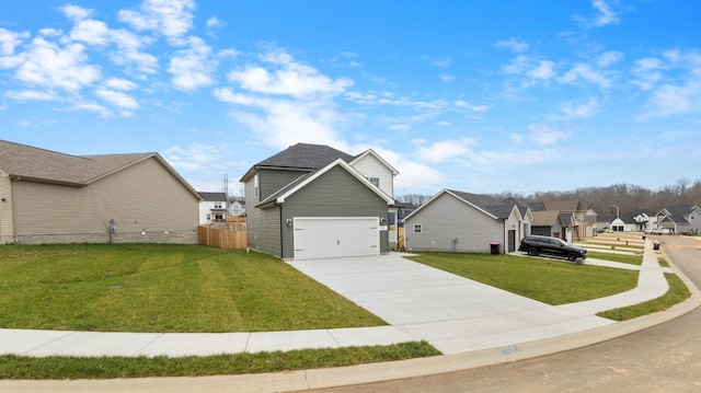 view of side of property featuring a lawn and a garage