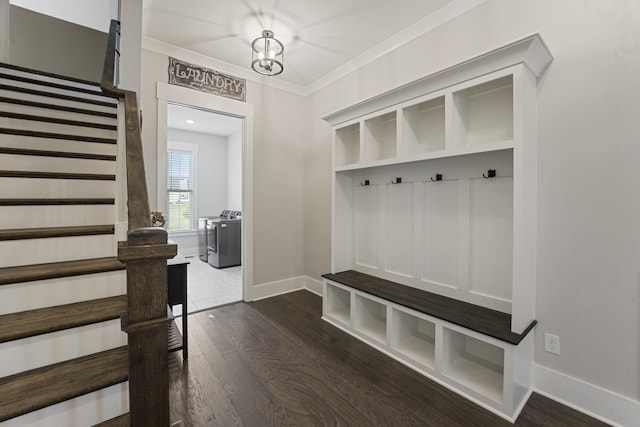 mudroom with ornamental molding and dark hardwood / wood-style floors