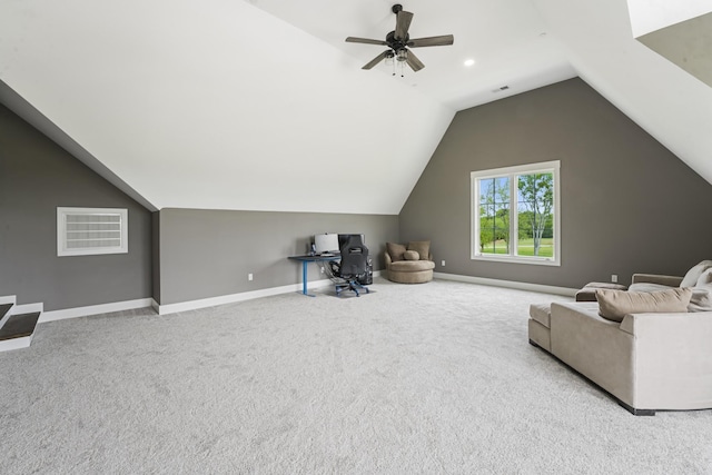 bonus room featuring lofted ceiling, light carpet, and ceiling fan