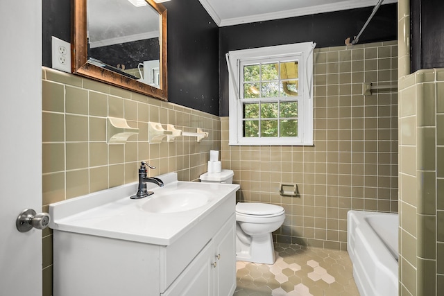 full bathroom featuring tile patterned floors, tile walls, vanity, and tiled shower / bath