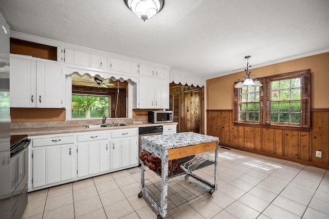 kitchen with white cabinetry, sink, hanging light fixtures, stainless steel appliances, and plenty of natural light
