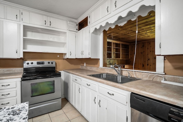 kitchen with stainless steel appliances, wood ceiling, sink, light tile patterned flooring, and white cabinetry