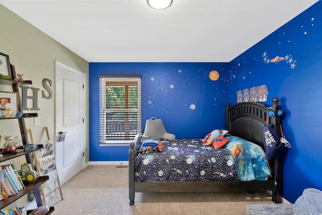 bedroom featuring light colored carpet