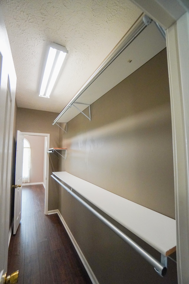 walk in closet with dark wood-type flooring