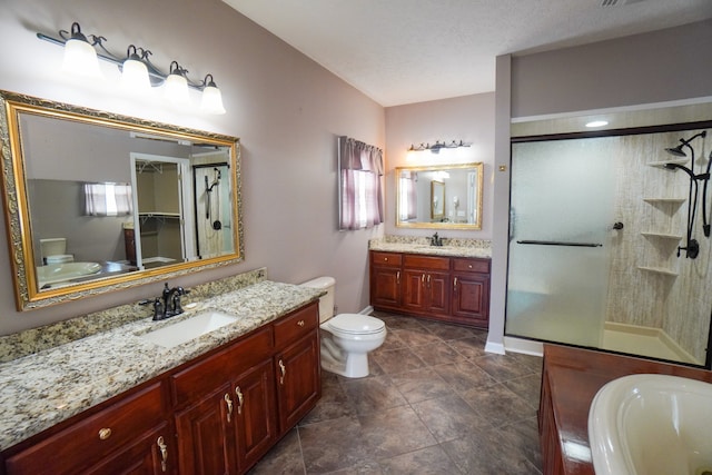 full bathroom with shower with separate bathtub, vanity, and toilet