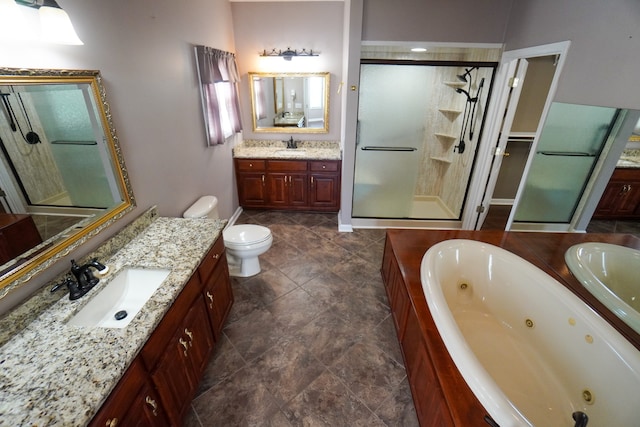 full bathroom with independent shower and bath, vanity, and toilet