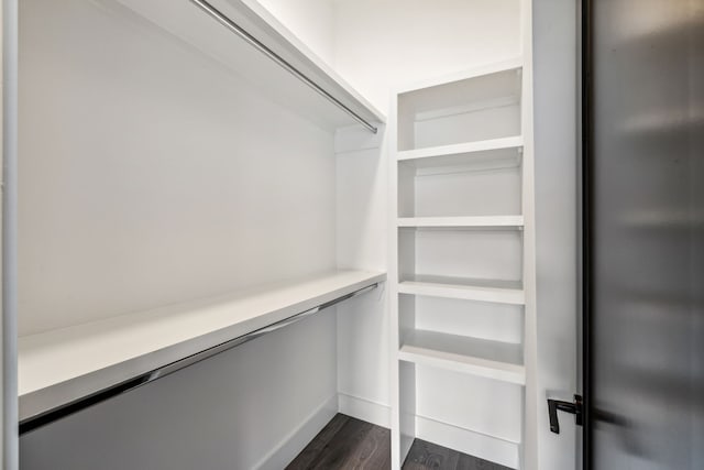 walk in closet with dark hardwood / wood-style flooring