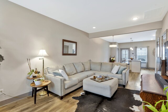 living room with light hardwood / wood-style flooring