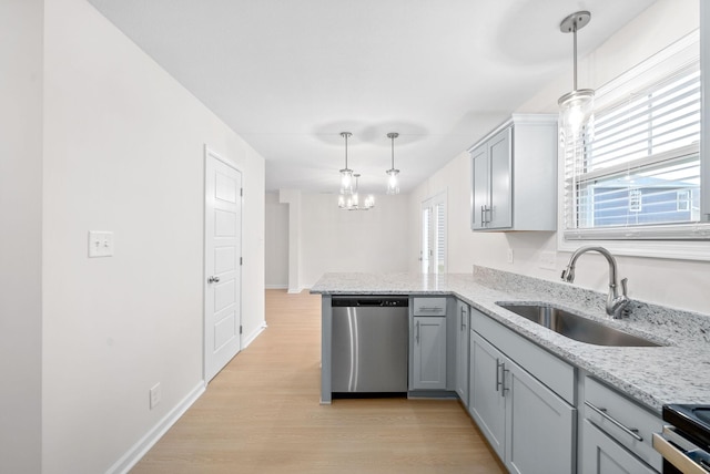 kitchen with kitchen peninsula, stainless steel appliances, sink, gray cabinets, and pendant lighting