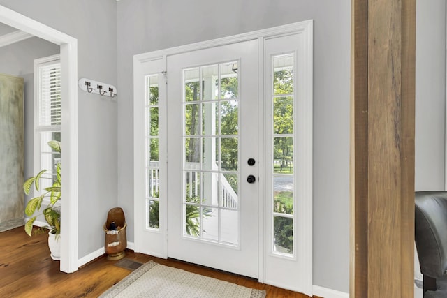 doorway with a wealth of natural light and hardwood / wood-style floors