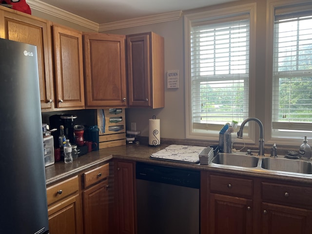 kitchen with a wealth of natural light, sink, appliances with stainless steel finishes, and ornamental molding