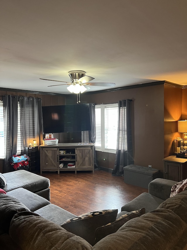 living room with ceiling fan and dark wood-type flooring