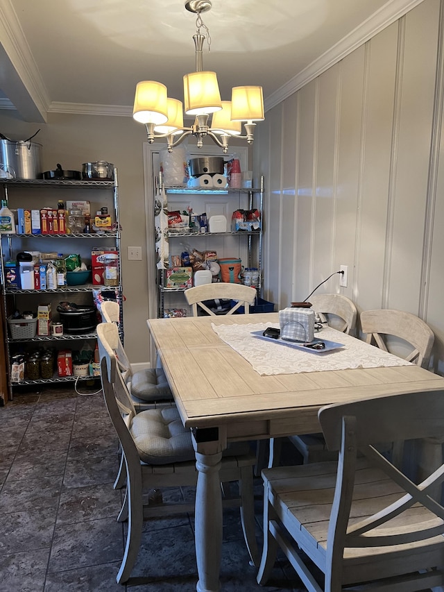 tiled dining area with a chandelier and ornamental molding