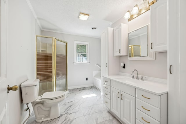 bathroom featuring toilet, marble finish floor, a shower stall, and a textured ceiling