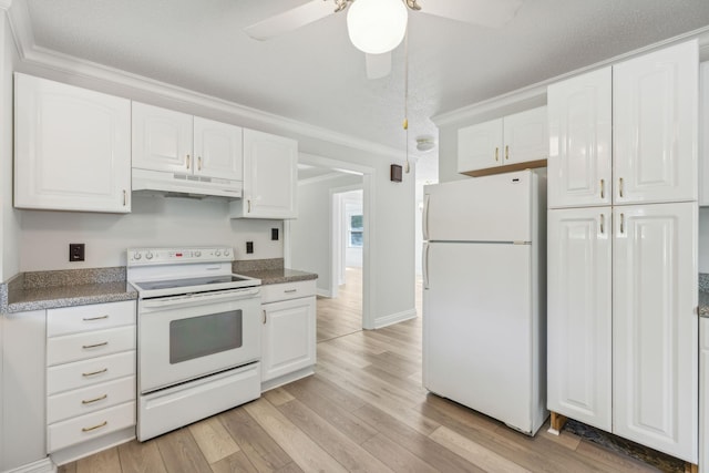 kitchen with under cabinet range hood, ornamental molding, light wood-style floors, white cabinets, and white appliances