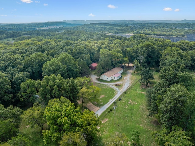 bird's eye view with a wooded view