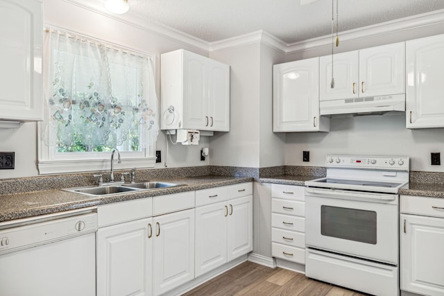 kitchen featuring under cabinet range hood, white appliances, white cabinetry, and a sink