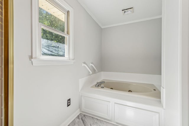 full bath with baseboards, a tub with jets, marble finish floor, and ornamental molding