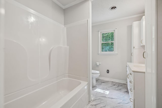 bathroom with visible vents, marble finish floor, toilet, and crown molding