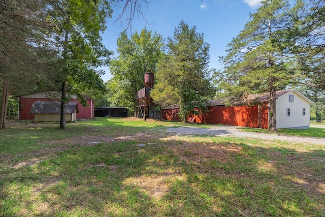 view of yard featuring an outdoor structure and driveway