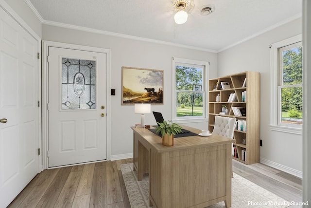 office area featuring a wealth of natural light, light wood-style flooring, baseboards, and ornamental molding