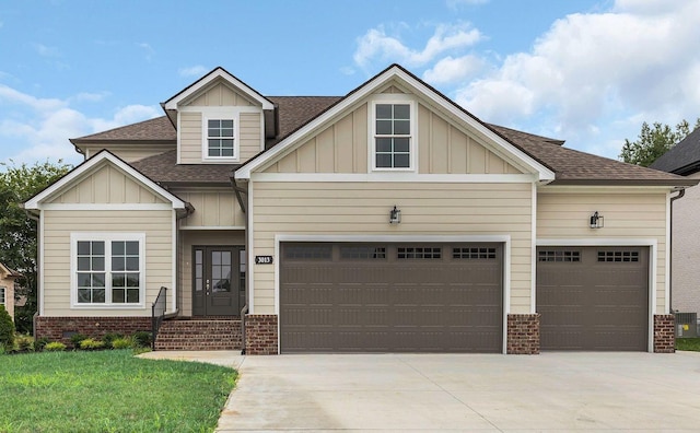 craftsman-style house featuring a garage, brick siding, board and batten siding, and concrete driveway