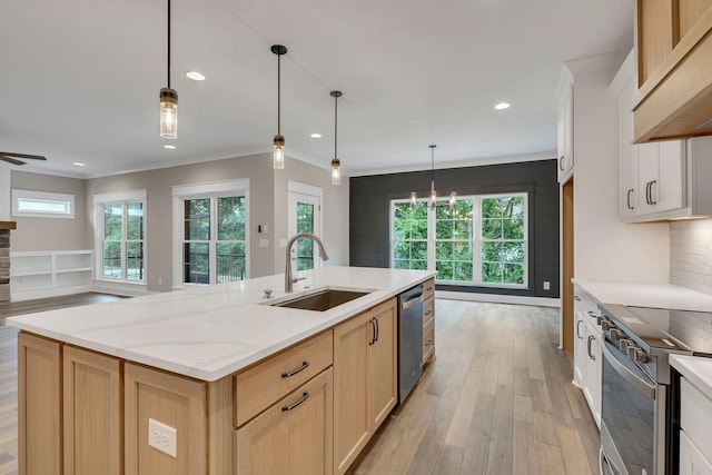 kitchen featuring a wealth of natural light, ornamental molding, a sink, stainless steel appliances, and light wood-style floors