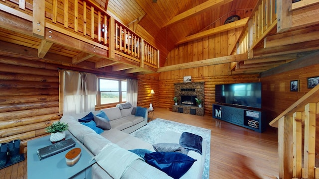 living room featuring high vaulted ceiling, a stone fireplace, wood finished floors, wood ceiling, and log walls