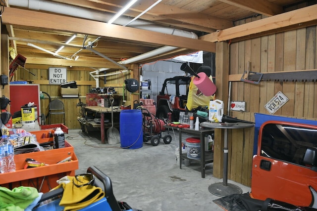 basement with wooden walls