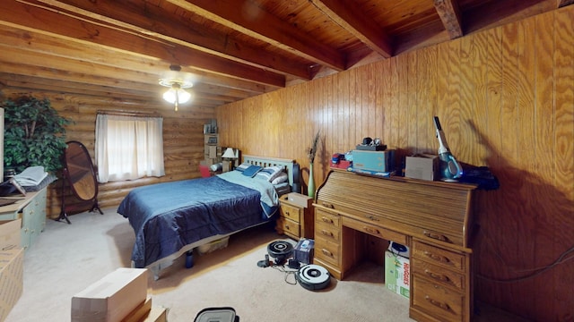 carpeted bedroom featuring rustic walls, wood ceiling, and beamed ceiling