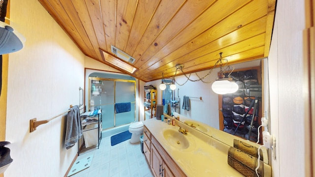 bathroom featuring tile patterned floors, vanity, wood ceiling, and toilet