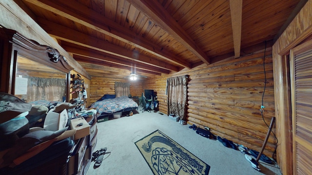 carpeted bedroom featuring beamed ceiling, rustic walls, and wood ceiling