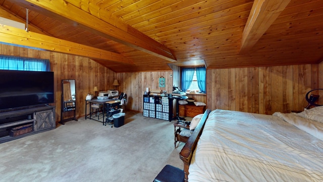 carpeted bedroom featuring wood walls, lofted ceiling with beams, and wood ceiling