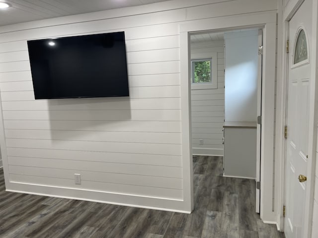 interior space with wood walls and dark hardwood / wood-style flooring