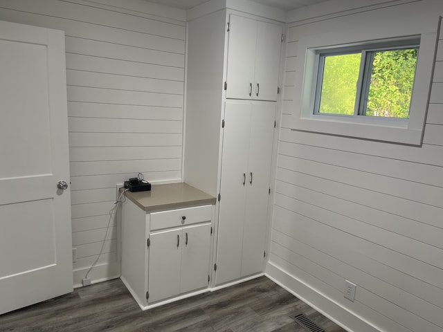 clothes washing area featuring dark wood-type flooring and wood walls