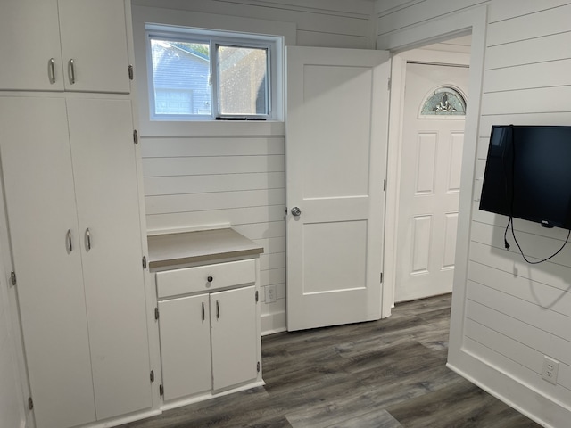 interior space featuring hardwood / wood-style floors and wooden walls