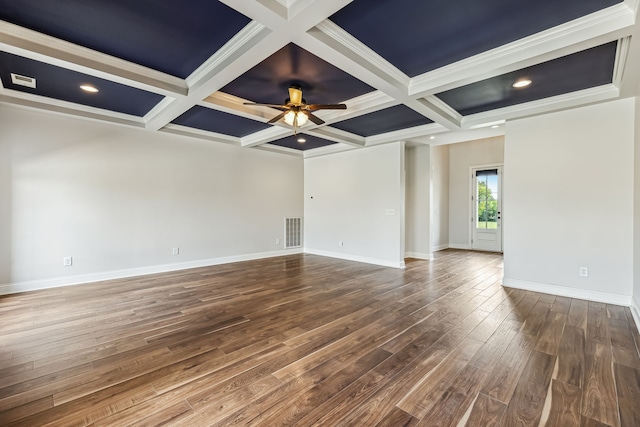 spare room featuring ceiling fan, coffered ceiling, wood-type flooring, and beamed ceiling