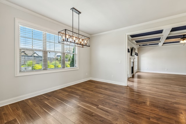 unfurnished dining area featuring beamed ceiling, coffered ceiling, dark hardwood / wood-style floors, and crown molding