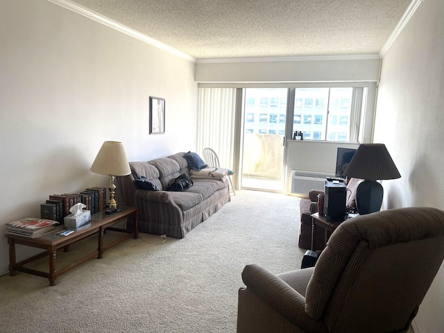 carpeted living room with a textured ceiling and crown molding