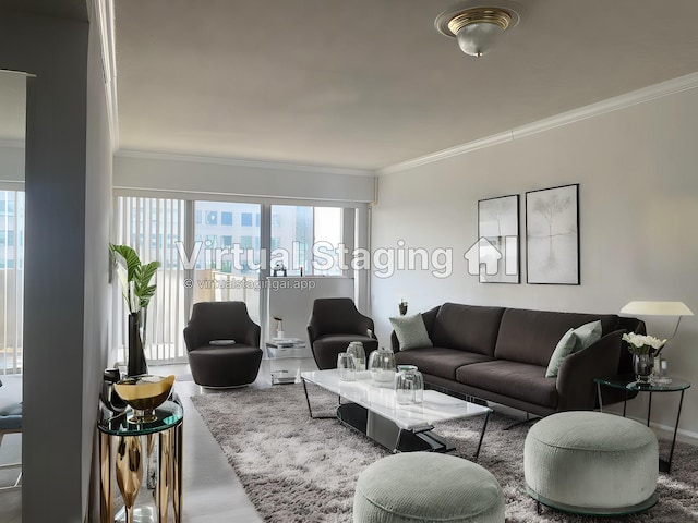 living room with ornamental molding