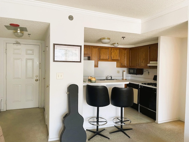 kitchen with light carpet, range with gas cooktop, light countertops, black microwave, and a sink