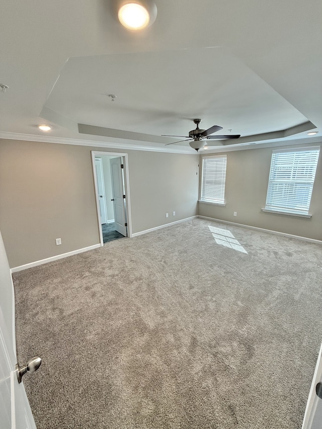 empty room featuring crown molding, a raised ceiling, carpet flooring, and ceiling fan