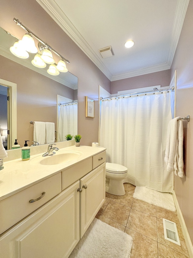 bathroom featuring toilet, ornamental molding, vanity, and tile patterned flooring