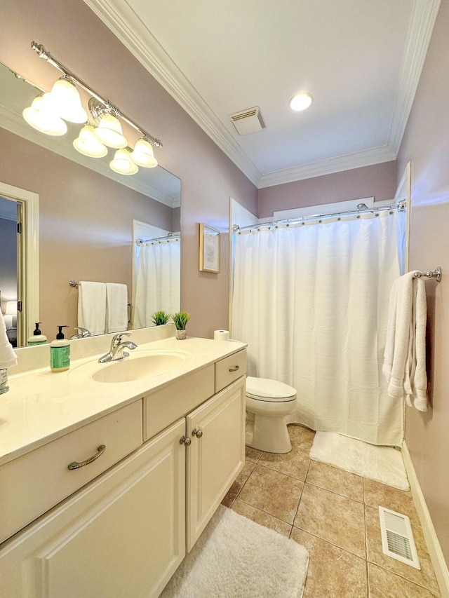 bathroom featuring vanity, toilet, crown molding, tile patterned floors, and a shower with curtain