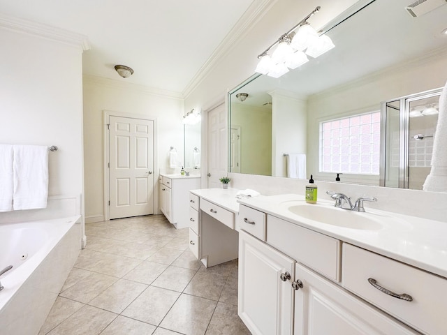 bathroom with vanity, tile patterned flooring, crown molding, and shower with separate bathtub